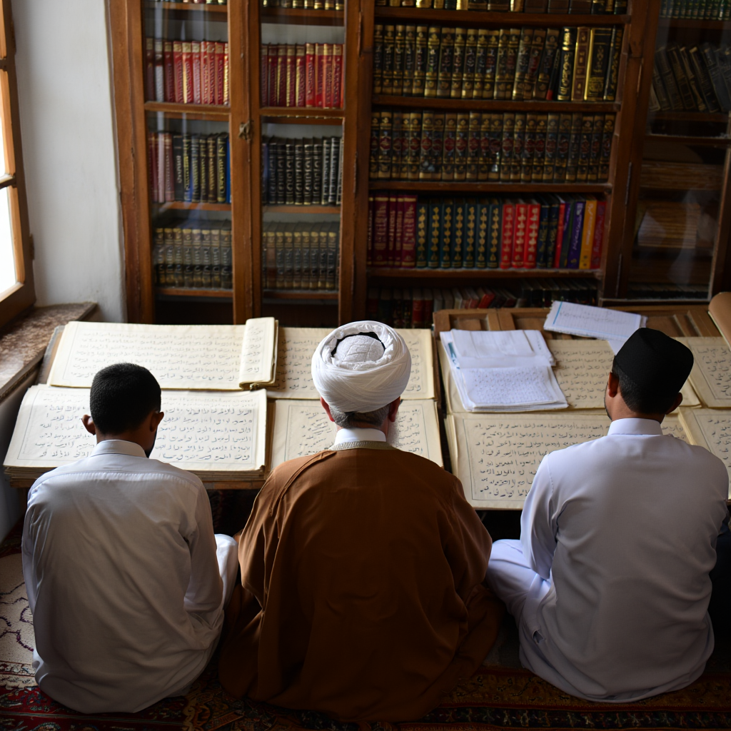 Scholars issuing fatwa (backs/silhouettes)