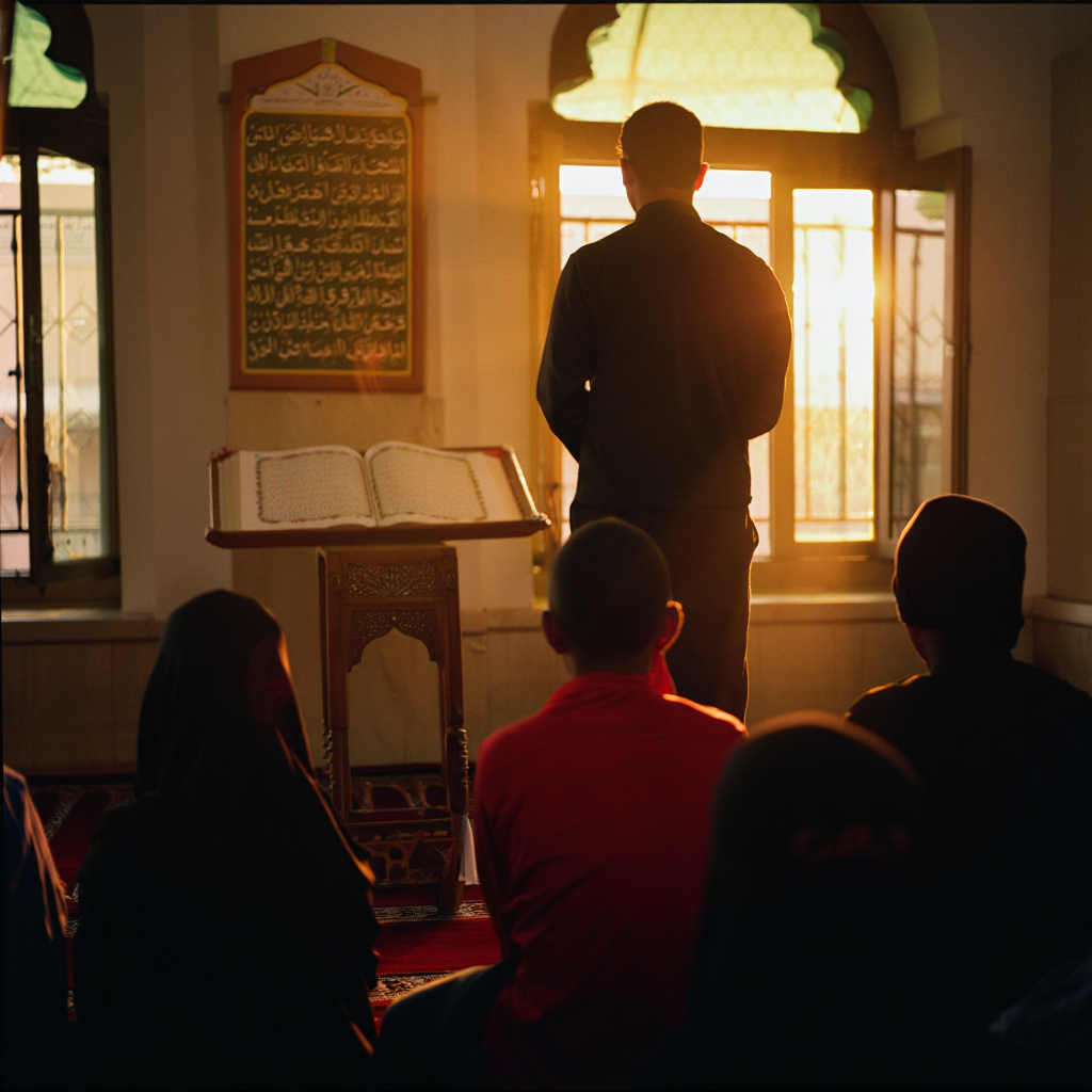 Imam teaching students (faceless, cinematic)