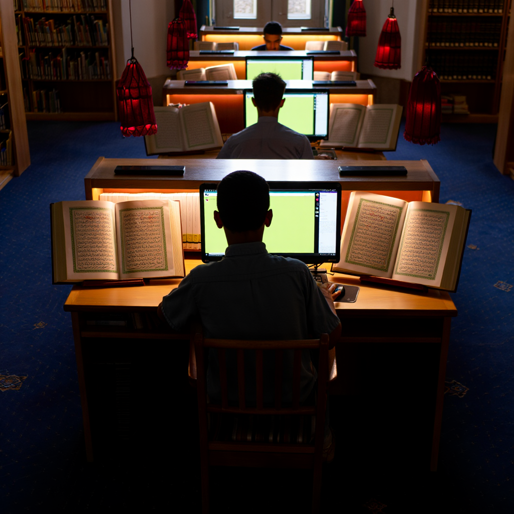 Youth working with Qur'an and laptops (faceless, cinematic)