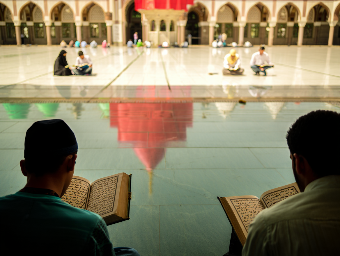 Believers organizing in a masjid (faceless, cinematic)