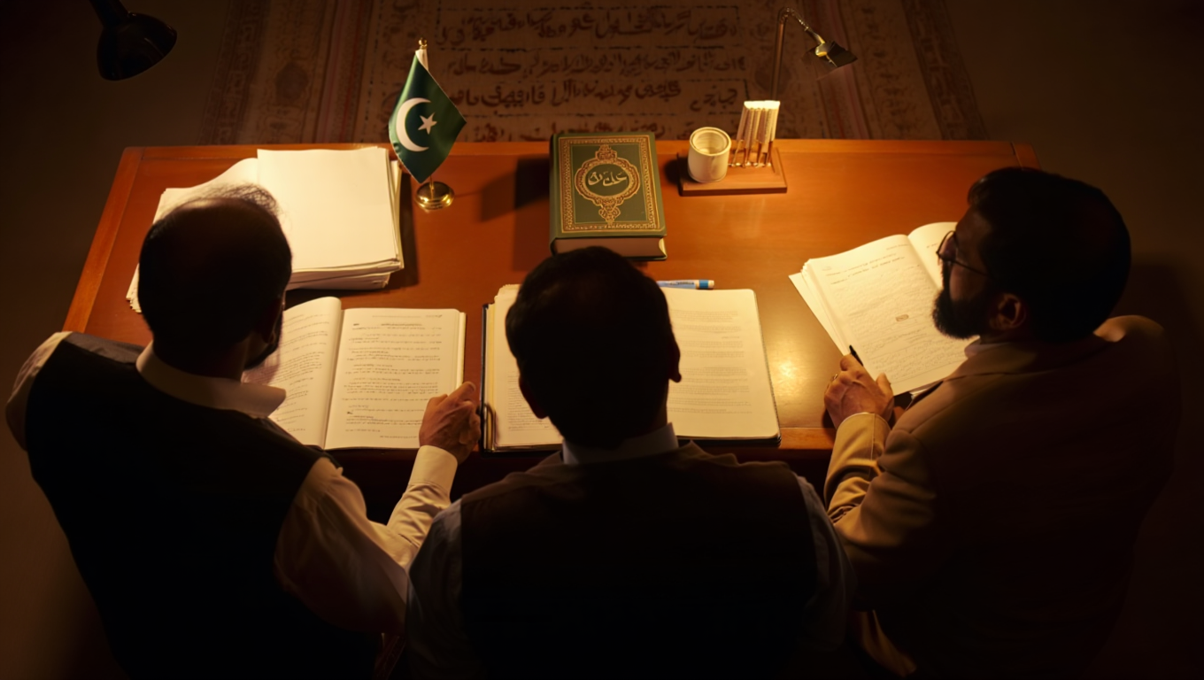 Workspace of documents, Qur’an, and flag (faceless silhouettes)