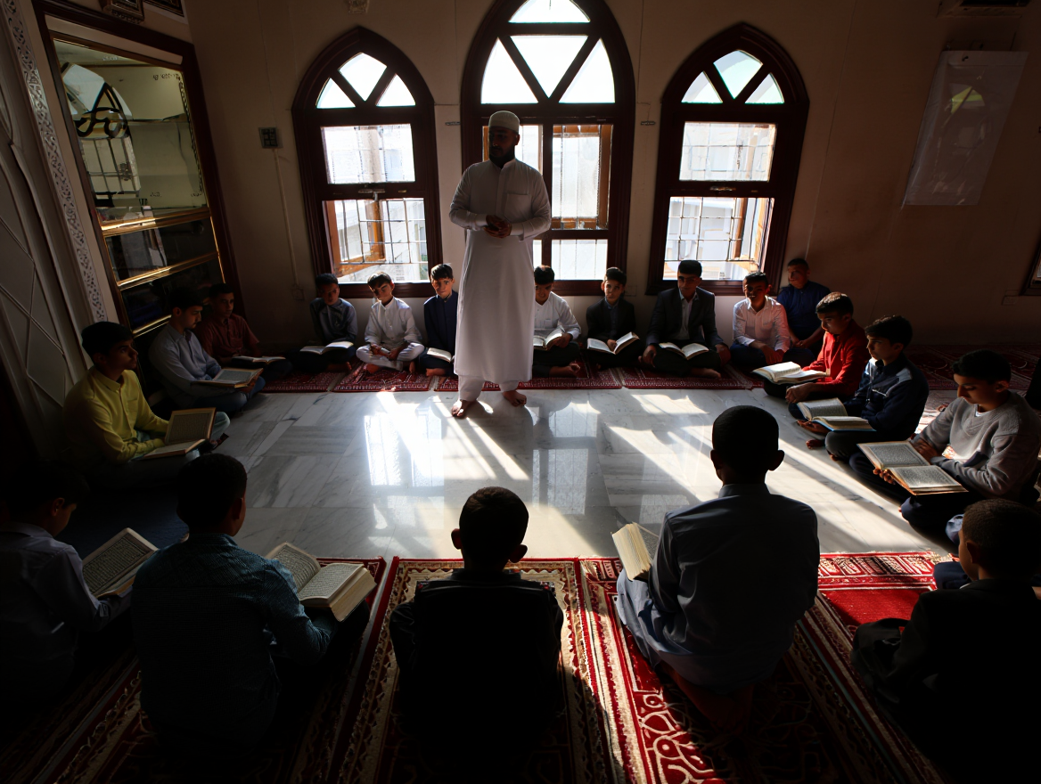 Imam teaching students; silhouettes; daylight from arches