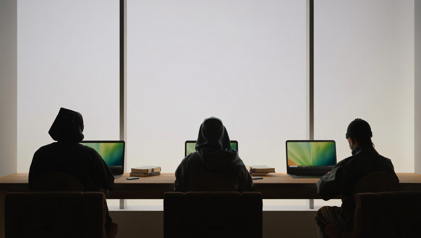 Balanced workspace — Qur’an with laptops, purposeful youth